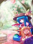  blue_hair drunk edobox food fruit hat hinanawi_tenshi horns ibuki_suika long_hair multiple_girls peach peaches ribbon ribbons touhou 