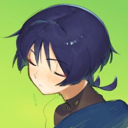  1boy artist_name black_bodysuit black_hair blue_cape blunt_ends blush bodysuit cape closed_eyes closed_mouth commentary english_commentary eyeliner facing_to_the_side genshin_impact green_background hair_intakes kyudred makeup male_focus portrait red_eyeliner scaramouche_(genshin_impact) solo turtleneck turtleneck_bodysuit unfinished wanderer_(genshin_impact) 