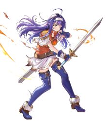  1girl ahoge armor battle_damage belt black_thighhighs blue_boots blue_gloves blue_hair blush boots breastplate breasts brown_belt commentary damaged english_commentary fingerless_gloves fire fire_emblem fire_emblem:_path_of_radiance fire_emblem:_radiant_dawn fire_emblem_heroes full_body gloves green_eyes hairband headband highres holding holding_sword holding_weapon long_hair looking_at_viewer mia_(fire_emblem) mia_(zenith_challenger)_(fire_emblem) non-web_source official_alternate_costume official_art okuma_mai orange_shirt parted_lips purple_hair scabbard sheath shirt short_sleeves shoulder_armor simple_background skirt solo sword thigh-highs thigh_boots thighs third-party_source torn_clothes weapon white_background white_hairband white_headband white_shirt white_skirt wide_sleeves 