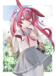  1girl animal_ears arknights border chinese_commentary commentary cowboy_shot creature front-seamed_legwear grey_hairband grey_sailor_collar grey_skirt hairband hands_up heart highres holding long_hair long_sleeves looking_at_viewer multicolored_hair neckerchief outside_border pantyhose pink_hair pink_neckerchief purple_hair ray_(arknights) sailor_collar school_uniform seamed_legwear serafuku shirt skirt solo standing streaked_hair twintails v violet_eyes white_border white_pantyhose white_shirt zerosama_(sailuojiang) 