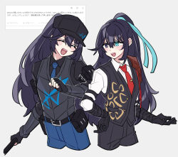  baseball_cap black_hat black_pants black_vest blue_necktie blue_pants blue_ribbon collared_shirt commentary cowboy_shot dual_persona hair_ribbon hat highres hong_lu_(project_moon) limbus_company liu_association_south_uniform necktie open_mouth pants project_moon red_necktie request_inset ribbon shiki_(shikki46) shirt simple_background smile tie_clip translation_request vambraces vest w_corp._(identity)_(project_moon) white_background white_shirt 