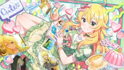  1girl ahoge blonde_hair book bow commentary_request cup dessert food food-themed_hair_ornament from_side fruit game_cg green_eyes green_jacket grin hair_bow hair_ornament heart holding holding_book hoshii_miki idolmaster idolmaster_(classic) idolmaster_million_live! idolmaster_million_live!_theater_days jacket long_hair looking_to_the_side official_alternate_costume official_art open_book photo_(object) picture_book pink_bow plaid_clothes plaid_jacket short_sleeves skirt smile solo strawberry strawberry_hair_ornament third-party_source 
