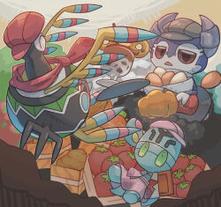  73sitimi apron box brown_eyes carrot closed_eyes clothed_pokemon commentary_request dessert doughnut egg elgyem food glass green_eyes grey_apron grey_hat grey_neckerchief hat highres holding indeedee indeedee_(male) neckerchief one-eyed pokemon pokemon_(creature) pokemon_focus potato pumpkin red_hat red_neckerchief sigilyph tomato 