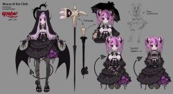  1girl black_dress black_gloves black_headdress black_shoes closed_mouth commentary demon_girl demon_horns demon_tail dress english_commentary epebe frilled_dress frills gloves highres horns indie_virtual_youtuber ironmouse ironmouse_(mouse_of_the_cloth) looking_at_viewer nun_headdress official_alternate_costume official_alternate_hairstyle official_art pink_hair purple_streaks shoes smile solo tail two_side_up violet_eyes 