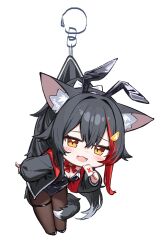 1girl alternate_costume animal_ear_fluff animal_ear_hairband animal_ears black_hair black_hairband black_jacket black_leotard black_pantyhose black_tail blush card chibi chibi_only commentary_request deaver double-parted_bangs fake_animal_ears full_body hair_ornament hairband hairclip highres holding holding_card hololive jacket leotard lifting_person long_hair looking_at_viewer multicolored_hair ookami_mio pantyhose playboy_bunny pom_pom_(clothes) pom_pom_hair_ornament rabbit_ear_hairband rabbit_ears red_streaks sidelocks simple_background single_hair_streak smile solo streaked_hair tail tail_around_own_leg tail_wrap very_long_hair virtual_youtuber white_background wolf_ears wolf_girl wolf_tail yellow_eyes 