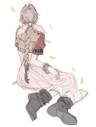  1girl aerith_gainsborough arm_support black_boots blonde_hair boots bracelet braid commentary dress english_commentary facing_away falling_leaves final_fantasy final_fantasy_vii from_behind full_body highres jewelry leaf lentymet long_hair pink_dress shoe_soles simple_background sitting solo white_background 