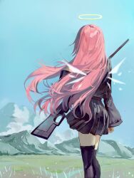  1girl arknights black_jacket black_skirt black_thighhighs chinese_commentary commentary_request detached_wings facing_away from_behind grass guang_yuanye_jie gun halo highres jacket lemuen_(arknights) long_hair long_sleeves mountainous_horizon outdoors pink_hair pleated_skirt rifle skirt sky solo standing thigh-highs traditional_halo weapon wings 
