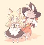  2girls :3 animal_ears blade_(artist) blade_(lovewn) blonde_hair brown_hair chibi dress falling fangs hakurei_reimu hat hat_removed headwear_removed kemonomimi_mode kirisame_marisa long_hair multiple_girls o_o shocked surprise surprised touhou witch_hat 