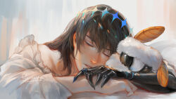  1boy arm_rest blanca_(fate) bug commentary_request english_commentary fate/grand_order fate_(series) grey_hair hair_between_eyes highres long_sleeves male_focus moth oberon_(fate) oberon_(third_ascension)_(fate) renrenka_noi shirt short_hair sleeping solo white_background white_shirt 