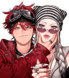  1boy 1girl alma_(gokurakugai) black_eyeliner blue_eyes choker cigarette commentary_request eyeliner eyeshadow fake_nails gokurakugai hair_between_eyes hat headband highres holding holding_cigarette jacket looking_at_viewer makeup mole pink_lips red_hair red_jacket sano_yuuto sidelocks simple_background smile tao_(gokurakugai) upper_body white_background white_hair 