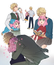  1boy 1girl adoptive_parent_and_adoptive_child anya_(spy_x_family) barefoot black_dress blonde_hair blue_hat blue_pajamas blue_shirt book child closed_eyes collared_shirt commentary_request cup dress drinking eden_academy_school_uniform father_and_daughter full_body gold_trim green_eyes green_jacket green_pants green_sleeves green_suit green_vest grey_pants hair_between_eyes hairpods hanakan hand_on_another's_head hanging_on_arm hat highres holding holding_book holding_cup hug indian_style jacket light_blush medium_hair multiple_views necktie nightcap open_mouth pajamas pants pink_hair reading red_dress red_necktie school_uniform shirt short_hair sitting sitting_on_lap sitting_on_person socks sparkle spy_x_family suit t-shirt tears torn_clothes torn_jacket twilight_(spy_x_family) upper_body vest waistcoat white_background white_shirt white_socks 