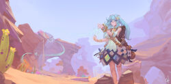  aqua_hair aqua_nails aqua_pupils armpit_cutout arrow_print blizzomos blue_sky bracelet cactus clothing_cutout cowlick day desert dress faruzan_(genshin_impact) genshin_impact green_eyes hair_ornament hat highres jewelry jingasa neck_ring outdoors rock sand_dune science_fiction shoulder_cutout sky symbol-shaped_pupils thighlet triangle-shaped_pupils twintails white_dress x_hair_ornament 