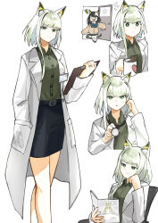  >_< 2girls :< absurdres animal_ears arknights buttons chibi closed_mouth coat collared_shirt commentary doctor green_eyes green_hair green_shirt hand_in_pocket highres holding holding_stethoscope jewelry kal'tsit_(arknights) lab_coat long_sleeves mon3tr_(arknights) multiple_girls multiple_views notice_lines open_clothes open_coat parted_lips rhodes_island_logo_(arknights) ring shirt short_hair_with_long_locks smile stethoscope surprised white_coat white_hair yagi000 