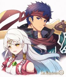  1boy 1girl artist_name blue_eyes blue_hair breasts commentary_request fire_emblem fire_emblem:_radiant_dawn fire_emblem_heroes headband highres ike_(fire_emblem) ike_(vanguard_legend)_(fire_emblem) long_hair looking_at_viewer medium_breasts micaiah_(fire_emblem) micaiah_(queen_of_dawn)_(fire_emblem) nakabayashi_zun official_alternate_costume over_shoulder ragnell red_headband short_hair sword sword_over_shoulder weapon weapon_over_shoulder white_hair yellow_eyes 