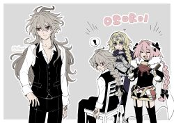  1girl 2boys absurdres alternate_hair_length alternate_hairstyle armor astolfo_(fate) blonde_hair blush bow braid braided_ponytail closed_eyes comb commentary_request crossdressing crossdressing_(mtf) fang fate/apocrypha fate/grand_order fate_(series) grey_background grey_hair hair_between_eyes hair_bow hair_intakes headpiece heart highres holding holding_comb jeanne_d'arc_(fate) long_hair long_sleeves matching_hairstyle multiple_boys multiple_views open_mouth pink_hair red_eyes seiniku_(10henbo9) shirt short_hair sieg_(fate) simple_background single_braid skirt smile thigh-highs trap violet_eyes 