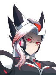  1girl absurdres adapted_costume armor body_armor breasts chest_jewel commission commissioner_upload disgust eyelashes facial_mark fake_zero_(mega_man) forehead_jewel genderswap genderswap_(mtf) helmet highres light_frown long_hair looking_at_viewer mature_female mechanical_ears medium_breasts mega_man_(series) mega_man_x2 mega_man_x_(series) multicolored_hair non-web_source petite portrait red_eyes red_streaks shoulder_armor solo streaked_hair transparent_background two-tone_hair uta_guipiy white_hair 