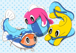  ball beachball black_eyes blue_background bright_pupils commentary_request dondozo fish flip-flops looking_down naru_(wish_field) no_humans pokemon pokemon_(creature) polka_dot polka_dot_background sandals tatsugiri tatsugiri_(curly) tatsugiri_(droopy) tatsugiri_(stretchy) white_pupils 