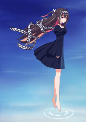  1girl absurdres arms_at_sides azki_(hololive) barefoot black_hair blue_dress braid choker colored_inner_hair commentary cosplay dress elemental_gelade floating floating_hair full_body hair_between_eyes hairband half_up_half_down_braid highres hololive long_hair looking_at_viewer looking_to_the_side multicolored_hair open_mouth outdoors patterned_clothing reverie_metherlence reverie_metherlence_(cosplay) ribbon ripples sleeves_past_wrists solo standing tiptoes very_long_hair violet_eyes virtual_youtuber water wide_sleeves wind yoshi_yubisashi 