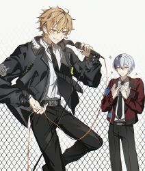  2boys aoyagi_touya belt black_belt black_jacket black_necktie black_pants blonde_hair blue_hair chain-link_fence clapping clenched_teeth collared_shirt dress_shirt earrings fence hair_between_eyes hands_up highres holding holding_microphone jacket jewelry kabinghaochi lapels layered_clothes long_sleeves looking_at_another male_focus microphone microphone_stand multicolored_hair multiple_boys necktie notched_lapels official_alternate_costume open_clothes open_jacket orange_eyes orange_hair overcome_one's_limits_(project_sekai) pants project_sekai shinonome_akito shirt short_hair smile sparkle split-color_hair standing standing_on_one_leg streaked_hair sweat teeth two-tone_hair wire 