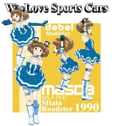  1girl arms_behind_back blue_dress blue_gloves blush_stickers boots breasts brown_eyes brown_hair commentary death_by_lolis dress elbow_gloves english_commentary english_text frilled_dress frills gloves headset highres holding holding_microphone knee_boots leaning_forward mazda_mx-5 medium_breasts microphone open_mouth original outstretched_arm personification pop-up_headlights short_dress sideways_glance smile thigh_strap twintails white_boots 