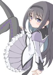  1girl akemi_homura akemi_homura_(magical_girl) argyle_clothes argyle_pantyhose arm_support black_hair black_hairband black_pantyhose commentary_request frilled_skirt frills hairband highres legs_up long_hair looking_to_the_side magical_girl mahou_shoujo_madoka_magica mahou_shoujo_madoka_magica_(anime) pantyhose purple_skirt riuriumagi simple_background skirt solo violet_eyes white_background 