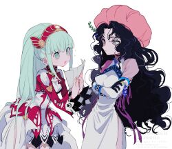  2girls absurdres awestruck black_gloves black_hair commentary_request crossed_arms curly_hair dress eyeshadow gloves green_eyes hairband hat highres hilda_rhambling in-franchise_crossover lace-trimmed_dress lace_trim lailah_(tales) long_hair long_sleeves looking_at_another makeup mob_cap multiple_girls nancykittyu open_mouth ponytail purple_eyeshadow simple_background smile sparkle tales_of_(series) tales_of_rebirth tales_of_zestiria very_long_hair white_background white_hair wide_sleeves 