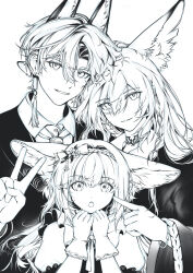  1boy 2girls :o absurdres animal_ear_fluff animal_ears arknights bow braid chinese_commentary commentary_request earrings family father_and_daughter gloves greyscale group_picture hair_bow hairband heads_together highres iazuoy-you_zai jewelry long_hair long_sleeves looking_at_viewer monochrome mother_and_daughter multiple_girls open_mouth parted_lips short_hair simple_background smile suzuran's_father_(arknights) suzuran_(arknights) tassel tassel_earrings unfinished v vulpisfoglia_(arknights) white_background 