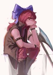  1girl absurdres armlet axe battle_axe black_armlet black_boots blue_bow boots bow bracelet closed_mouth commentary deltarune english_commentary feet_out_of_frame from_side hair_bow hand_on_own_chin hero_axe_(deltarune) highres jacket jewelry knee_boots long_hair mane_ax_(deltarune) nostrils pants popped_collar purple_hair purple_jacket purple_pants shadches72 sitting solo spiked_armlet spiked_bracelet spikes susie_(dark_world)_(deltarune) susie_(deltarune) tomboy utdr_(toby_fox) violet_eyes weapon white_background 