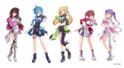  5girls aki_rosenthal asymmetrical_clothes asymmetrical_sleeves black_pants black_shirt black_skirt boots collared_shirt color-coded commentary_request cropped_shirt detached_sleeves full_body highres hololive hololive_idol_uniform_(color_rise) hoshimachi_suisei houshou_marine kurohal lace-up_boots miniskirt mismatched_sleeves multicolored_shirt multiple_girls official_alternate_costume pants platform_boots puffy_detached_sleeves puffy_short_sleeves puffy_sleeves roboco-san shirt short_sleeves simple_background single_detached_sleeve single_pantsleg single_sleeve skirt standing tokoyami_towa virtual_youtuber white_background white_shirt white_skirt 