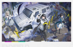  4girls absurdres arknights arknights:_endfield black_coat black_hair black_pantyhose black_visor blunt_bangs border cammy_(cammy_bilibili) chen_qianyu_(arknights) coat commentary_request curled_horns dragon_girl dragon_tail endministrator_(arknights) female_endministrator_(arknights) grey_hair highres holographic_interface horns looking_at_viewer making-of_available motor_vehicle multiple_girls open_clothes open_coat pantyhose perlica_(arknights) pink_hair skirt tail traffic_baton two-sided_gloves white_border white_skirt yvonne_(arknights) 