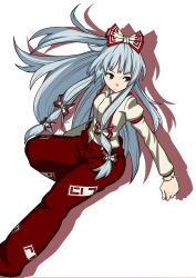  1girl absurdres bow breasts collared_shirt commentary fujiwara_no_mokou grey_hair hair_bow highres long_hair long_sleeves multiple_hair_bows ofuda ofuda_on_clothes oninamako pants red_eyes red_pants shirt small_breasts solo suspenders touhou very_long_hair yellow_shirt 