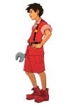  advance_wars advance_wars:_dual_strike andy black_eyes black_hair boots hand_on_hip highres hirata_ryou male military military_uniform nintendo official_art profile ryou_(advance_wars) short_hair shorts simple_background sleeves_rolled_up smile solo standing star suspenders uniform wrench 