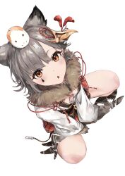  1girl animal_ears animal_on_head azur_lane dutch_angle extra_ears facial_mark full_body fur-trimmed_kimono fur_collar fur_trim grey_hair hair_ornament hamster hamster_on_head highres japanese_clothes kimono looking_at_viewer marking_on_cheek on_head orange_eyes sherlock_hime solo squatting suzutsuki_(azur_lane) tattoo teardrop teardrop_facial_mark teardrop_tattoo white_background 