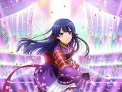  1girl armor black_gloves closed_mouth confetti fingerless_gloves game_cg gloves holding holding_sheath japanese_clothes kimono long_hair long_sleeves looking_at_viewer obi official_art purple_hair purple_kimono sash sheath shoujo_kageki_revue_starlight shoujo_kageki_revue_starlight_-re_live- shoulder_armor skirt skirt_under_kimono smile solo stage_lights standing tomoe_tamao unsheathing upper_body violet_eyes white_skirt wide_sleeves 