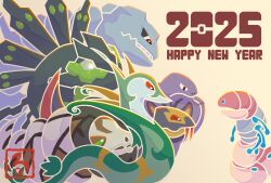  2025 animal_focus arbok c_c_luran chinese_zodiac closed_mouth commentary_request english_text fangs from_side happy_new_year highres new_year no_humans nostrils open_mouth orthworm pokemon pokemon_(creature) pokemon_focus red_eyes sandaconda serperior seviper simple_background snake species_connection steelix teeth tongue tongue_out year_of_the_snake yellow_background zygarde zygarde_(50) 