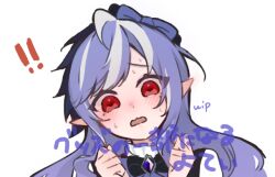  ! !! 1girl blush bow bowtie commentary_request gem hair_bow hairband hands_up head_tilt looking_at_viewer mole mole_under_eye open_mouth pointy_ears portrait purple_bow purple_bowtie purple_gem purple_hair purple_hairband red_eyes sato_10g shrug_(clothing) simple_background solo sweat unfinished vivian_banshee white_background white_shrug zenless_zone_zero 