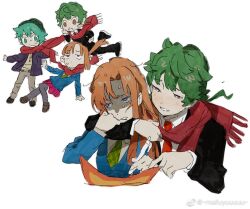  1girl 2boys aqua_eyes aqua_hair arm_around_neck beanie belt black_jacket black_pants black_shoes black_thighhighs blazer blue_jacket blush blush_stickers bright_pupils brown_pants brown_shirt brown_shoes checkered_necktie chibi chibi_inset chidouin_sara chinese_commentary choke_hold closed_mouth collared_shirt commentary_request deformed dot_mouth double-parted_bangs floating floating_hair furrowed_brow green_eyes green_hair green_hat green_necktie grin hair_down half-closed_eyes hand_on_another's_arm hand_on_own_cheek hand_on_own_face hat hiyori_sou holding holding_pen jacket jewelry key key_necklace kimi_ga_shine loafers long_hair long_sleeves looking_at_another looking_to_the_side loose_hair_strand ma_fu midori_(kimi_ga_shine) multicolored_eyes multiple_boys necklace necktie open_clothes open_jacket open_mouth orange_hair pants paper parted_bangs pen pink_skirt pointing ponytail raised_inner_eyebrows rattail red_eyes red_necktie red_scarf scarf school_uniform shared_clothes shared_scarf shirt shoes short_hair simple_background single_blush_sticker single_sidelock skirt smile sonobeno_high_school_uniform strangling suit sweat sweatdrop thigh-highs two-tone_eyes v-shaped_eyebrows violet_eyes watermark weibo_watermark white_background white_pupils white_shirt wing_collar 