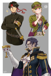  1girl 2boys :/ absurdres ace_attorney apron armband bag barok_van_zieks black_cape black_eyes black_hair black_jacket black_vest blonde_hair blue_eyes blue_vest braid breasts cape chalice commentary crossed_arms cup elbow_gloves english_commentary epaulettes gakuran galois gina_lestrade gloves green_jacket hachimaki hand_on_own_chin handbag headband highres holding holding_cup jacket katana kazuma_asogi mature_eyes mature_male medium_breasts multiple_boys red_headband school_uniform see-through_clothes signature smile sparkle squiggle suspenders sword the_great_ace_attorney thinking two-sided_cape two-sided_fabric vest weapon white_apron white_gloves 