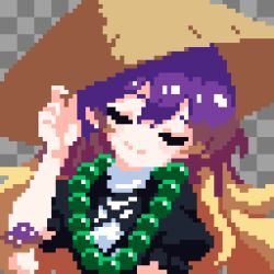  1girl ajirogasa bead_necklace beads blonde_hair closed_eyes commentary_request facing_viewer gradient_hair hat highres hijiri_byakuren jewelry multicolored_hair mushroom necklace pixel_art puffy_short_sleeves puffy_sleeves purple_hair short_sleeves takeez3 touhou two-tone_hair upper_body yellow_hat 