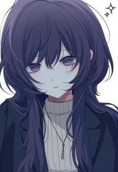  1girl asahina_mafuyu commentary hair_down highres lapels long_hair looking_at_viewer miyotastic notched_lapels official_alternate_costume official_alternate_hairstyle parted_lips project_sekai purple_hair simple_background solo sparkle turtleneck upper_body violet_eyes white_background zozotown 