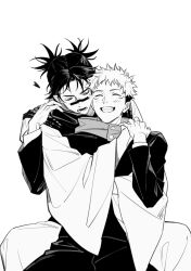  2boys blush brothers choso_(jujutsu_kaisen) closed_mouth facial_mark greyscale grin happy highres hood hood_down hoodie hug hug_from_behind itadori_yuuji jujutsu_kaisen jujutsu_tech_uniform male_focus monochrome multiple_boys open_mouth short_hair short_twintails siblings simple_background smile twintails undercut white_background yunkai 