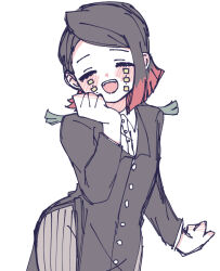  1boy :d absurdres arm_at_side asymmetrical_bangs black_hair black_jacket blush buttons closed_eyes colored_tips commentary_request demon_boy dorsiflexion_(wrist) enmu_(kimetsu_no_yaiba) facial_mark facing_viewer fang grey_pants hand_up happy highres jacket kimetsu_no_yaiba long_sleeves male_focus medium_hair multicolored_hair naka_(6tc3y) open_mouth pants pinstripe_pants pinstripe_pattern smile solo standing suit_jacket tears_facial_mark teeth trap undershirt upper_teeth_only white_background 