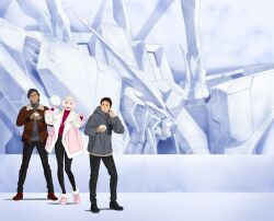  1girl 2boys absurdres black_hair black_pants blonde_hair blue_eyes boots brown_eyes brown_jacket commentary_request full_body gigi_andalusia grey_jacket gundam gundam_hathaway's_flash hathaway_noa highres jacket kenneth_sleg long_hair long_sleeves multiple_boys official_art open_clothes open_jacket pants pink_jacket pointing short_hair snow_rabbit snow_sculpture snowball xi_gundam 