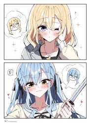  2girls absurdres bang_dream! bang_dream!_it's_mygo!!!!! blonde_hair blue_eyes blue_hair blush chinese_commentary closed_mouth commentary_request grey_jacket hand_on_another's_cheek hand_on_another's_face highres holding_hair_straightener jacket jewelry long_hair matching_hairstyle medium_hair misumi_uika multiple_girls necklace one_eye_closed sidelocks smile togawa_sakiko two_side_up violet_eyes yellow_eyes yuri zhanzhangzlw 