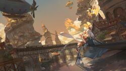  1girl 2boys absurdres aircraft black_pants blonde_hair blue_eyes boots brown_sky canoe clouds commentary commission dirigible dress ema3 english_commentary fantasy goblin_slayer! hat highres holding holding_pickaxe house long_hair multiple_boys pants pickaxe priestess priestess_(goblin_slayer!) railroad_tracks scenery second-party_source sitting skeb_commission solo_focus train very_long_hair water white_boots white_dress white_hat 