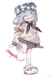  1girl absurdres acuteghost armband black_neckerchief black_sailor_collar black_skirt blue_eyes blue_flower blue_hair bright_pupils closed_mouth commentary crocs flower flower-shaped_pupils flower_wreath full_body head_wreath highres inkling inkling_girl inkling_player_character long_sleeves looking_at_viewer medium_hair miniskirt mismatched_pupils neckerchief pleated_skirt pointy_ears red_armband red_pupils sailor_collar sample_watermark school_uniform serafuku shirt shoes simple_background skirt sleeve_cuffs sleeves_past_wrists smile socks solo splatoon_(series) standing standing_on_one_leg symbol-only_commentary symbol-shaped_pupils tentacle_hair watermark weibo_watermark white_background white_pupils white_shirt white_shoes white_socks 