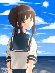  1girl aircraft airplane arms_behind_back black_hair blue_skirt blue_sky clouds contrail dated day from_behind fubuki_(kancolle) kagaya_jirou kantai_collection looking_at_viewer looking_back low_ponytail ocean one-hour_drawing_challenge pleated_skirt ponytail sailor_collar school_uniform serafuku short_ponytail short_sleeves skirt sky solo sun twitter_username water 