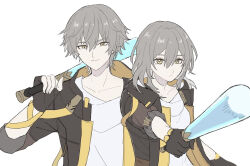  1boy 1girl arm_ribbon baseball_bat black_coat black_gloves black_jacket breasts caelus_(honkai:_star_rail) closed_mouth coat collarbone commentary_request dual_persona fingerless_gloves gloves grey_hair hair_between_eyes hand_up holding holding_baseball_bat honkai:_star_rail honkai_(series) hood hooded_coat jacket lapels long_hair long_sleeves looking_at_viewer medium_breasts natsuyasumi100 open_clothes open_coat open_jacket ribbon shirt short_hair sidelocks simple_background smile stelle_(honkai:_star_rail) t-shirt trailblazer_(honkai:_star_rail) two-sided_coat two-sided_fabric upper_body white_background white_shirt yellow_coat yellow_eyes 