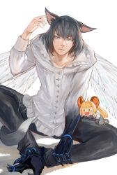  1boy 1girl animal_ears artoria_caster_(fate) artoria_pendragon_(fate) blonde_hair cat_ears cat_tail closed_mouth commentary_request dragonfly_wings english_commentary fate/grand_order fate_(series) green_eyes highres kemonomimi_mode long_sleeves male_focus mixed-language_commentary mouse_ears oberon_(fate) oberon_(third_ascension)_(fate) renrenka_noi shirt simple_background sitting tail tom_and_jerry white_background white_shirt 