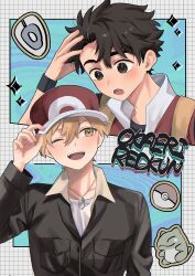  2boys absurdres arm_up baseball_cap black_hair black_jacket black_shirt blue_oak blush brown_eyes brown_hair collared_jacket commentary_request crew_neck dot_nose hair_between_eyes hat highres jacket long_sleeves looking_to_the_side male_focus multiple_boys no_headwear open_mouth pk_rgr96 poke_ball pokemon pokemon_frlg red_(pokemon) red_hat romaji_text shirt short_hair sideways_glance smile substitute_(pokemon) upper_body white_shirt wristband 